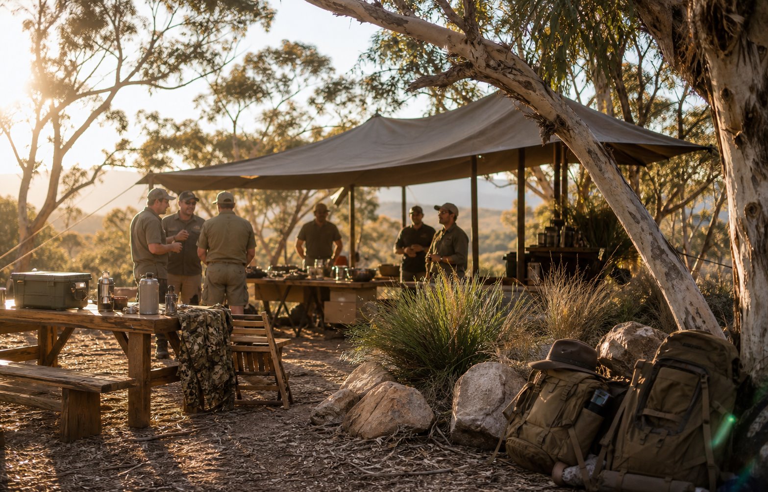 Outdoor society field-day setup in Australian bushland